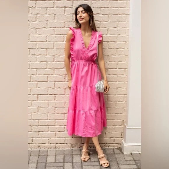 Stark X Dresses & Skirts - Stark X Levi Tiered V-Neck Flutter Sleeve Midi Dress Hot Pink